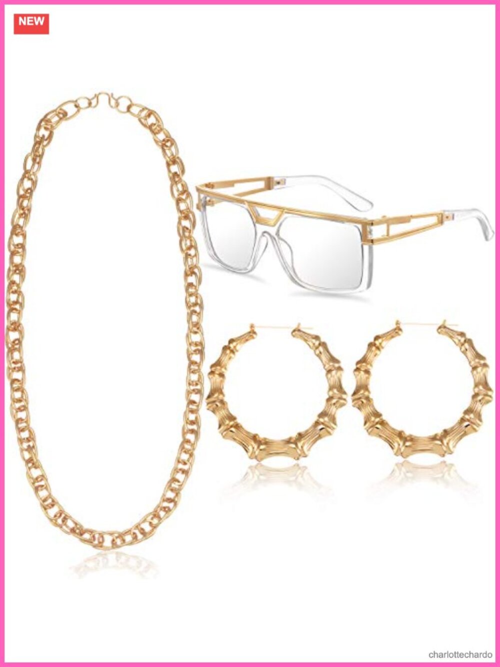 80s 90s Hip Hop Costume Accessory Set DJ Glasses Gold Plated Earrings Chain
